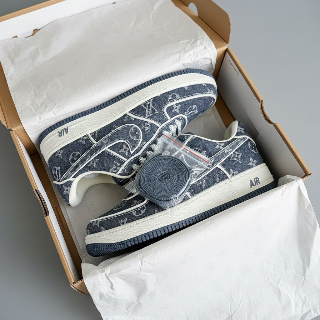 Nike ergonomic sports shoes in a stylish blue box with logos and detailed design elements.