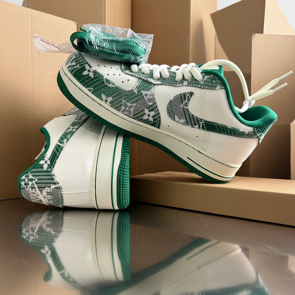 Scarpe sportive Nike con design verde e bianco, realizzate in materiali di alta qualità.